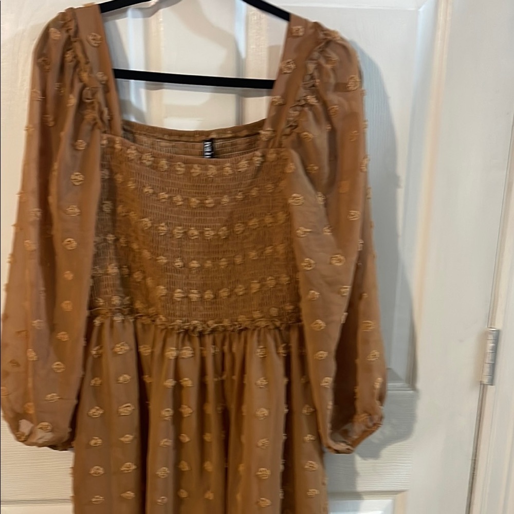 Elegant Long Sleeve Smocked Dress in Brown - Picture 3 of 11